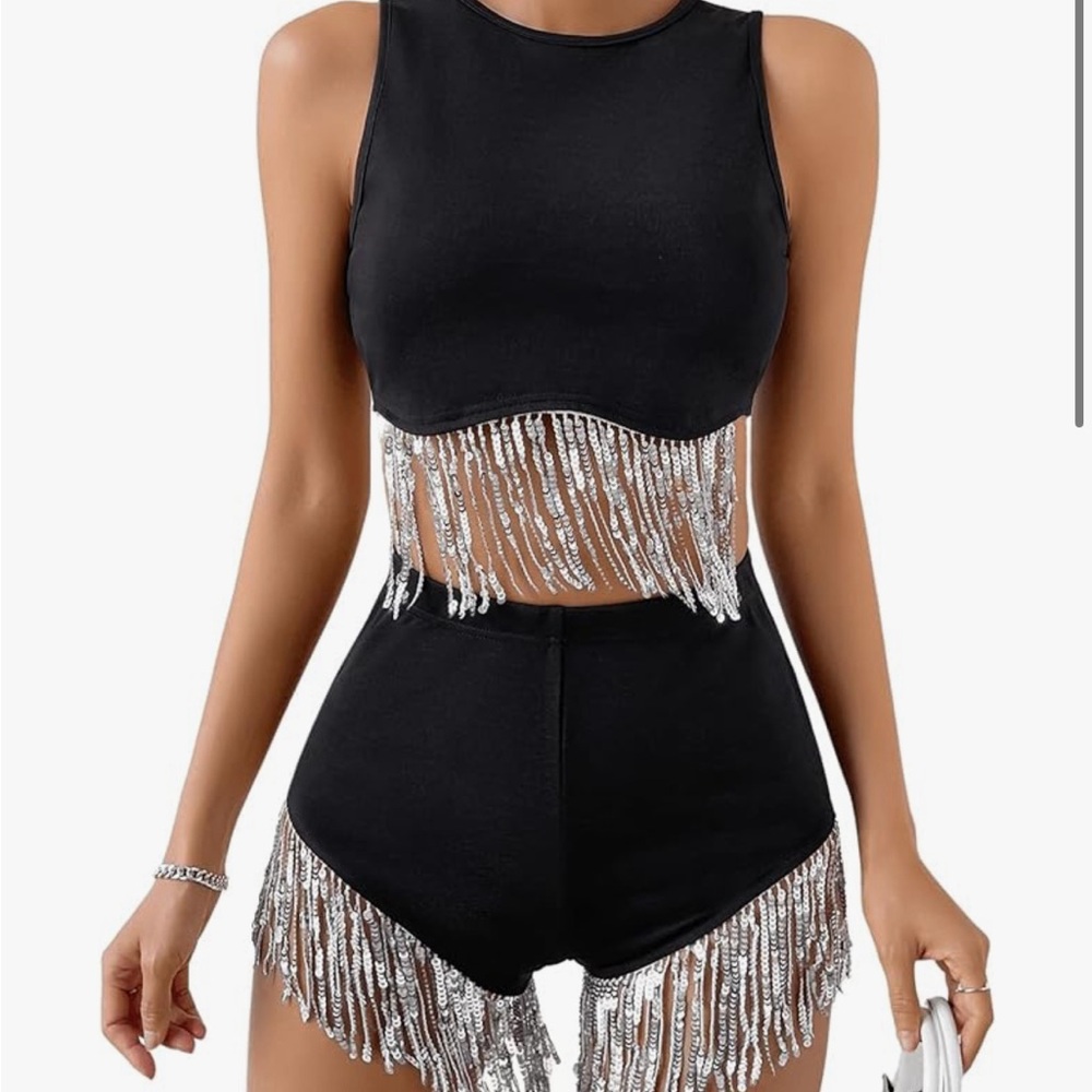 2 Piece Outfits Sleeveless Sequin Silver Fringe Tank Top Tassel Shorts Set